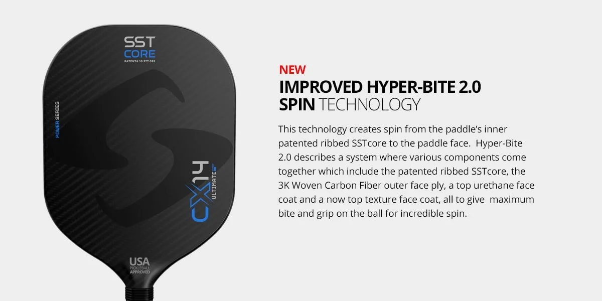 Gearbox Hyper-Bite 2.0 spin technology marketing graphic explaining the CX14 Ultimate paddle face construction