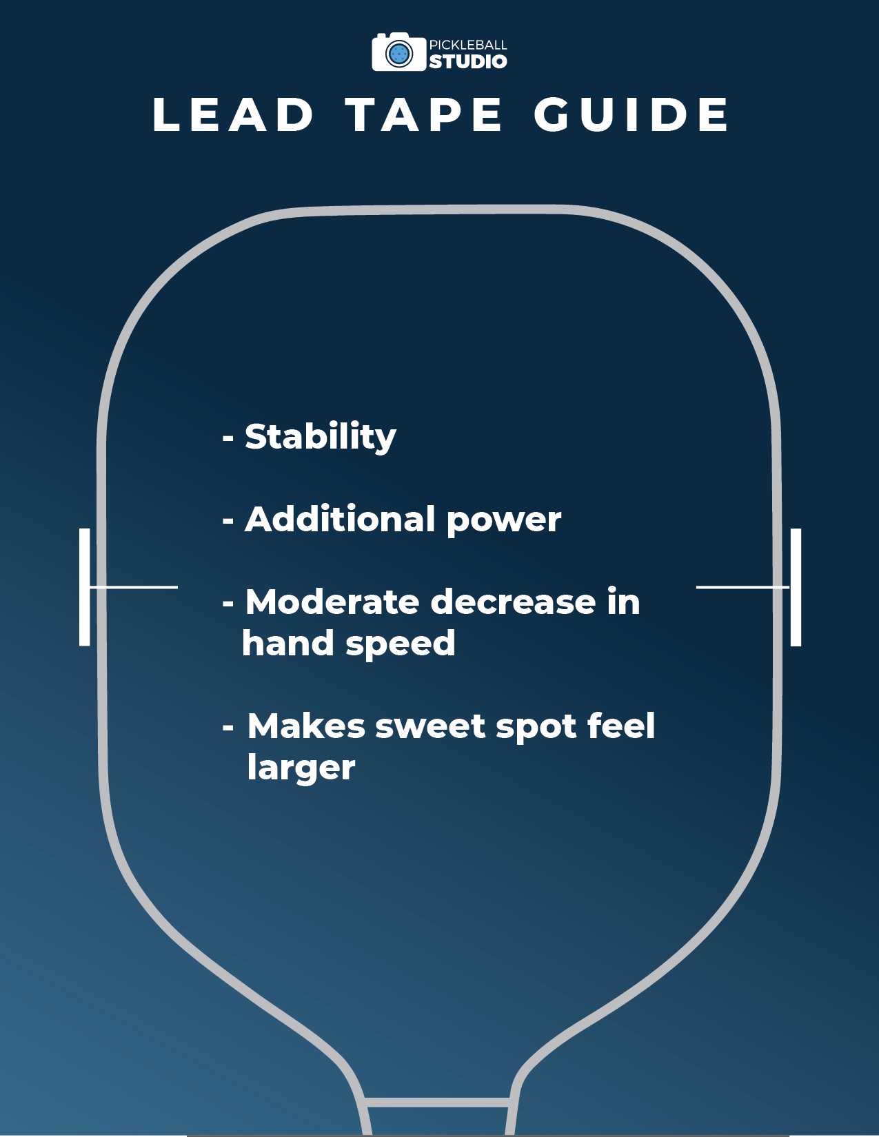 Lead tape guide showing side placement on pickleball paddle for stability and larger sweet spot