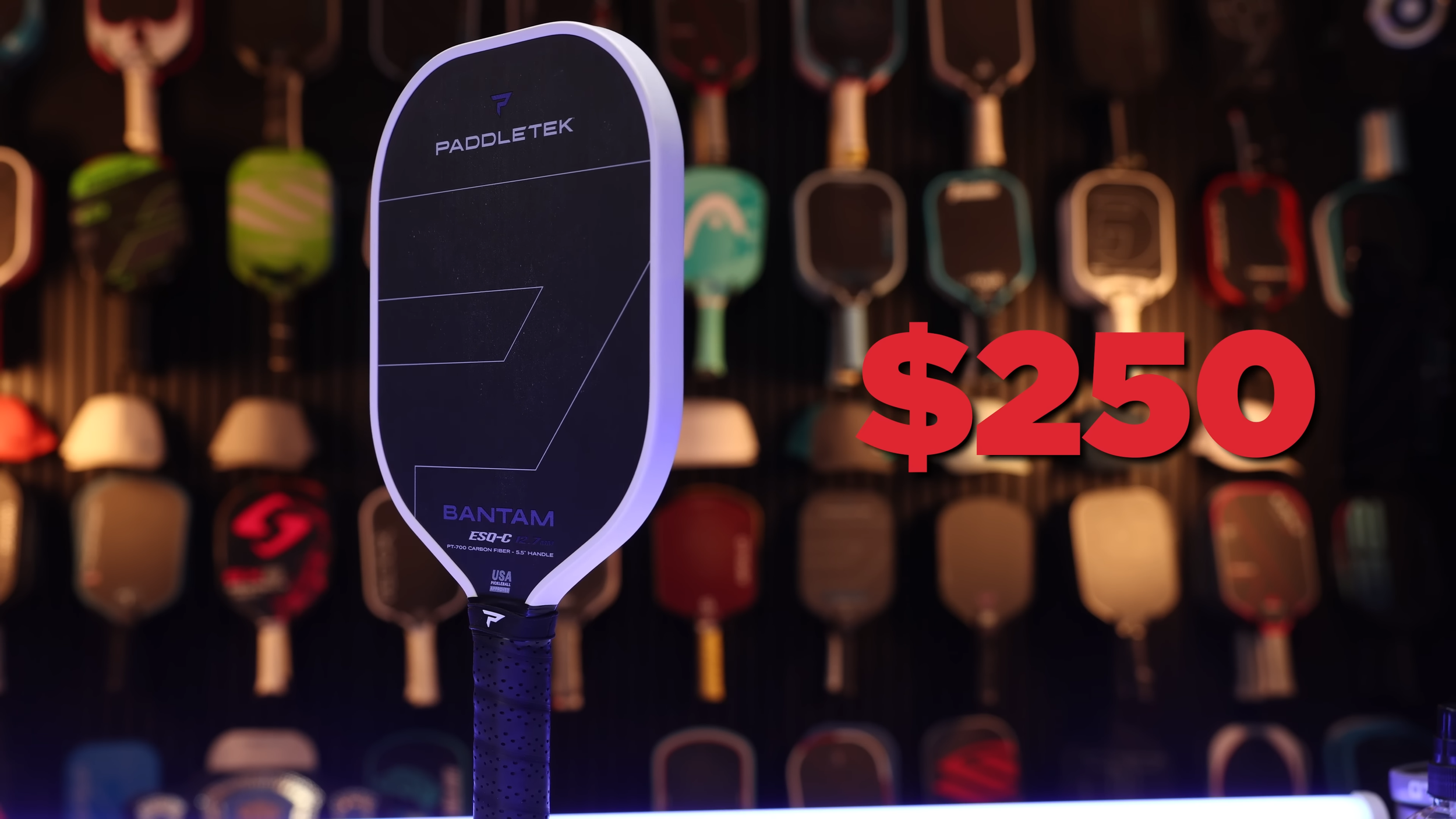 PaddleTek Bantam ESQ-C pickleball paddle displayed with $250 price tag and paddle wall background