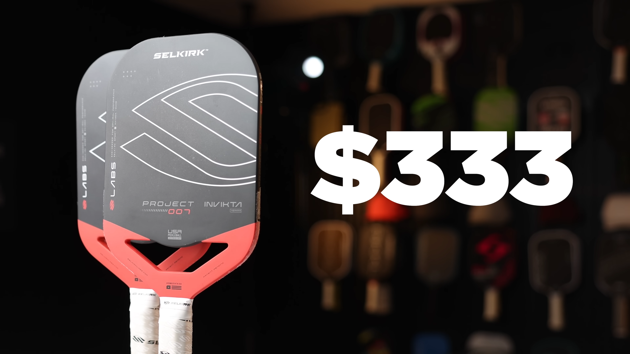 Selkirk Labs Project 007 Invikta pickleball paddle with $333 price tag displayed