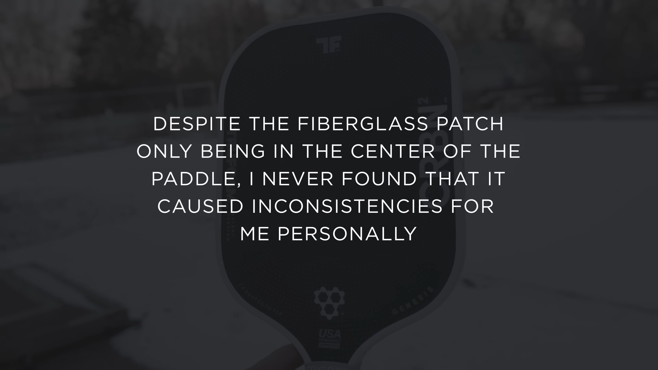 CRBN TruFoam Genesis pickleball paddle with text overlay about fiberglass patch consistency during play