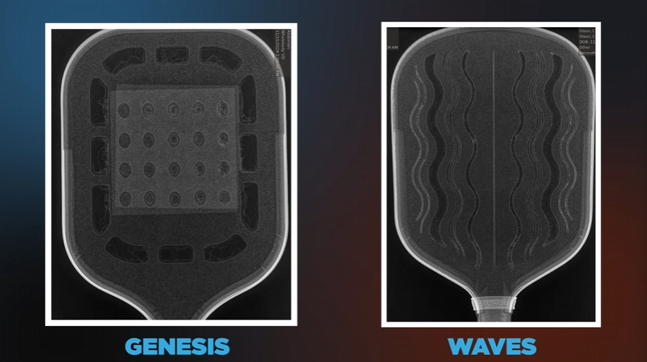 X-ray comparison of CRBN Genesis and CRBN Waves pickleball paddle internal core structures