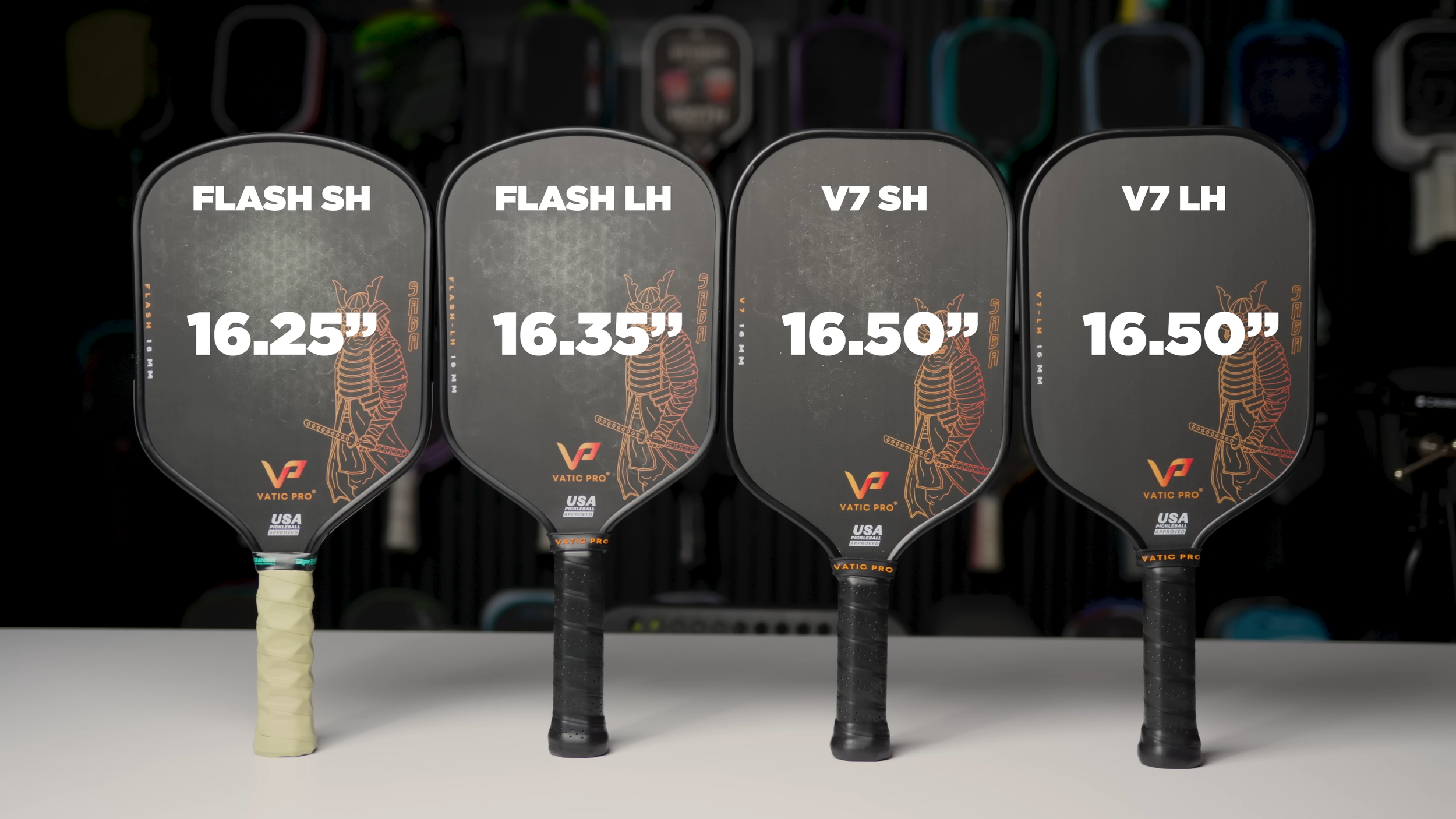 Four Vatic Pro pickleball paddle variants showing length differences: Flash SH 16.25 inches, Flash LH 16.35 inches, V7 SH 16.50 inches, V7 LH 16.50 inches