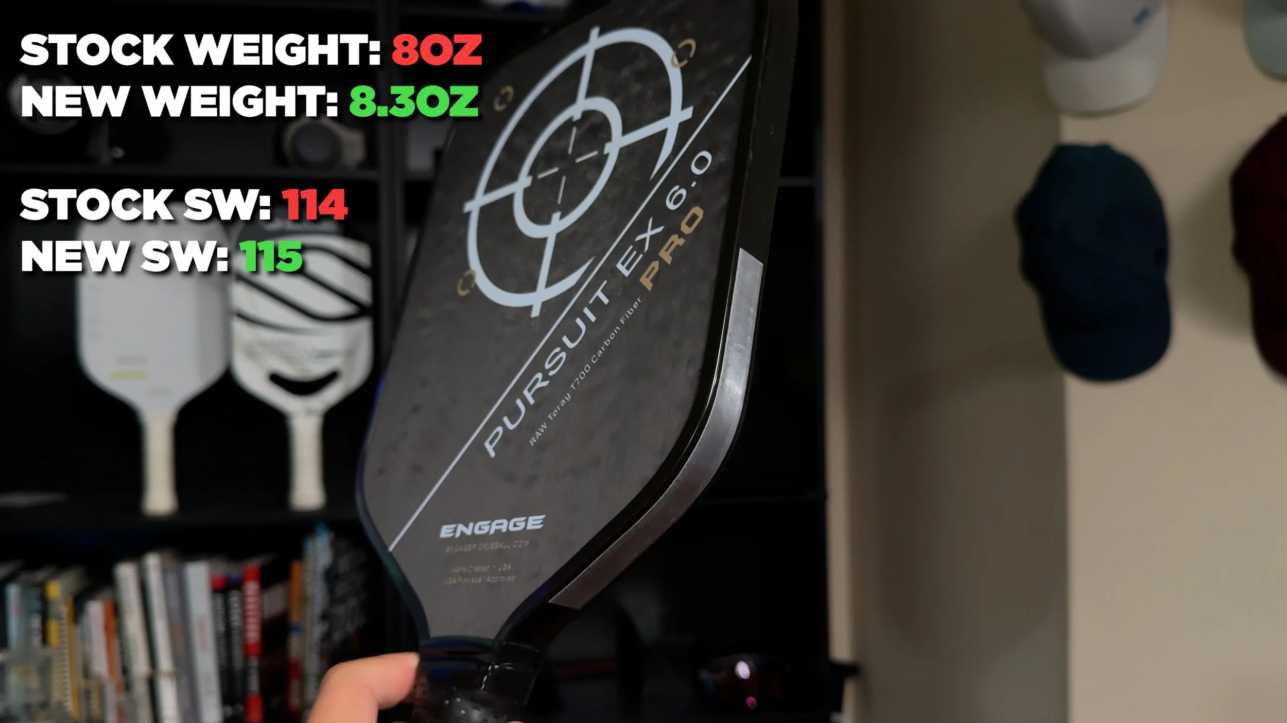 Engage Pursuit EX 6.0 Pro pickleball paddle with lead tape setup showing weight and swing weight stats