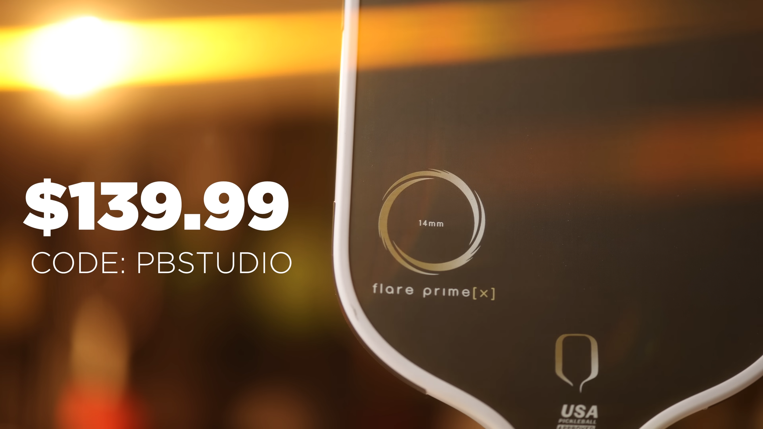 Neonic Flare Prime X pickleball paddle with price tag of $139.99 and discount code PBSTUDIO