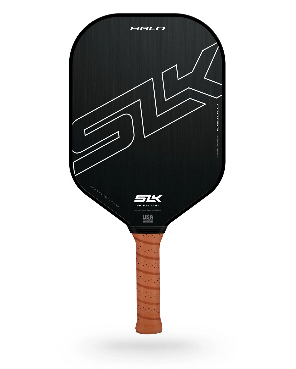 SLK Halo Control XL pickleball paddle angled view highlighting elongated shape and orange grip