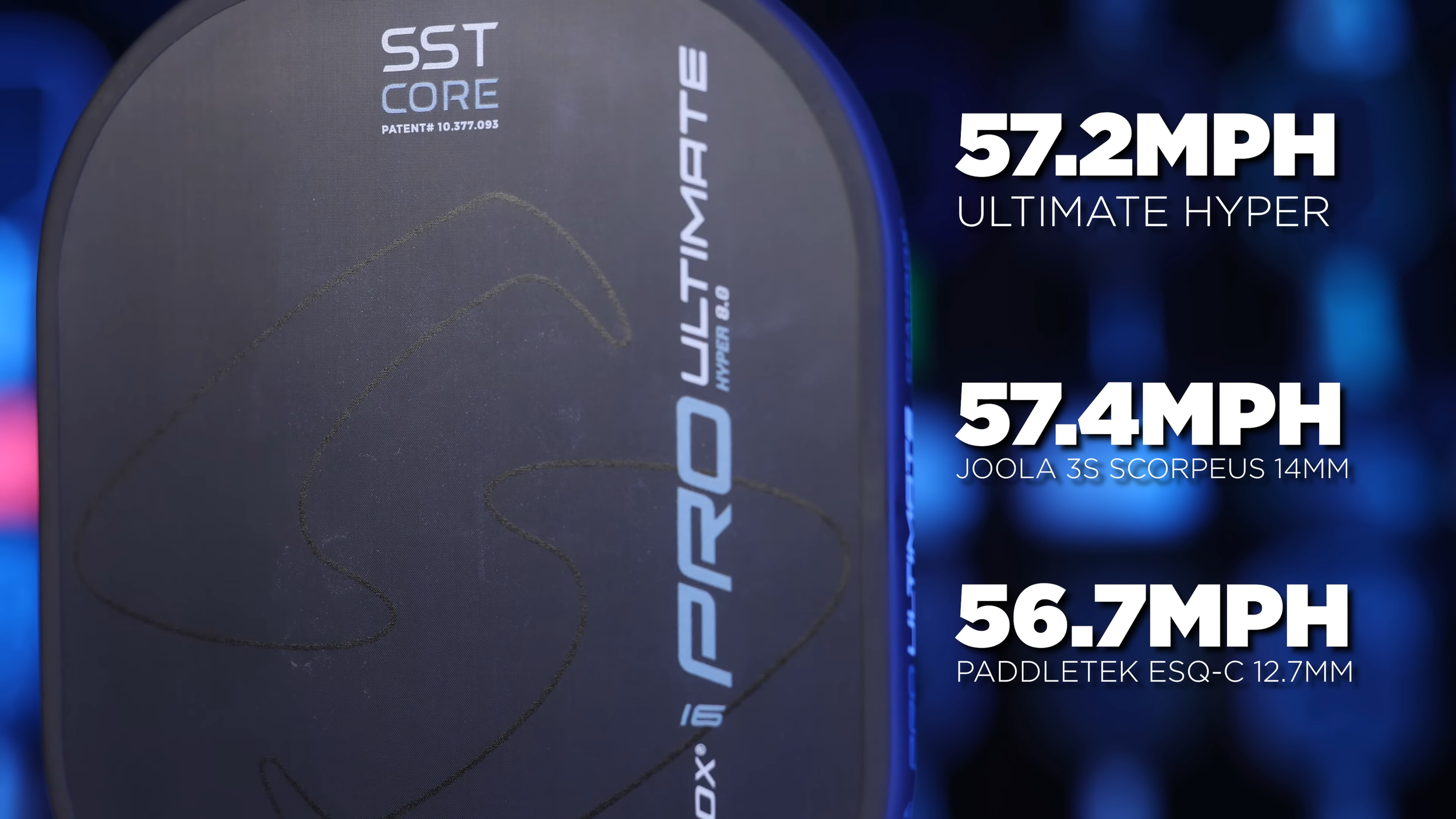 Gearbox Pro Ultimate Hyper pickleball paddle with serve speed comparison showing 57.2 MPH vs JOOLA 3S Scorpeus and Paddletek ESQ-C