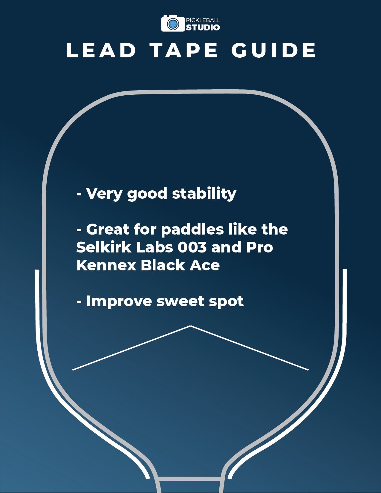 Lead tape guide showing throat-area placement on pickleball paddle for stability and improved sweet spot