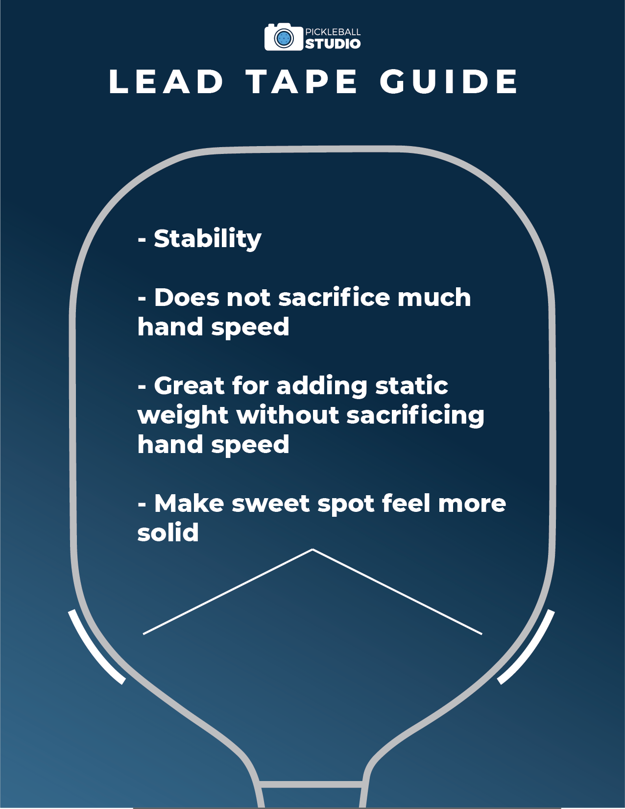 Lead tape guide showing lower-side placement on pickleball paddle for stability without sacrificing hand speed