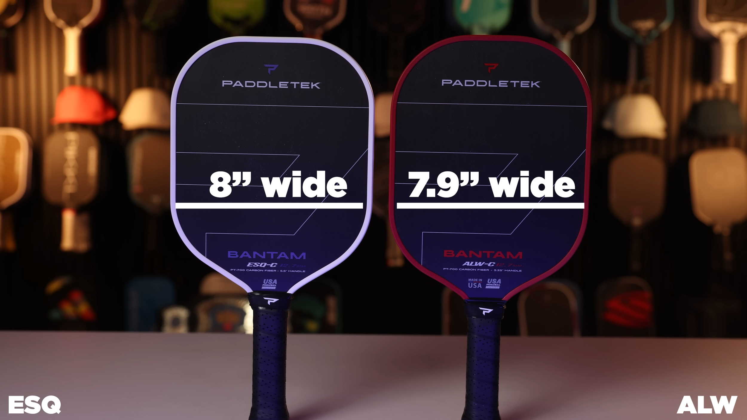 PaddleTek Bantam ESQ-C and ALW-C pickleball paddles side by side showing 8 inch vs 7.9 inch width difference