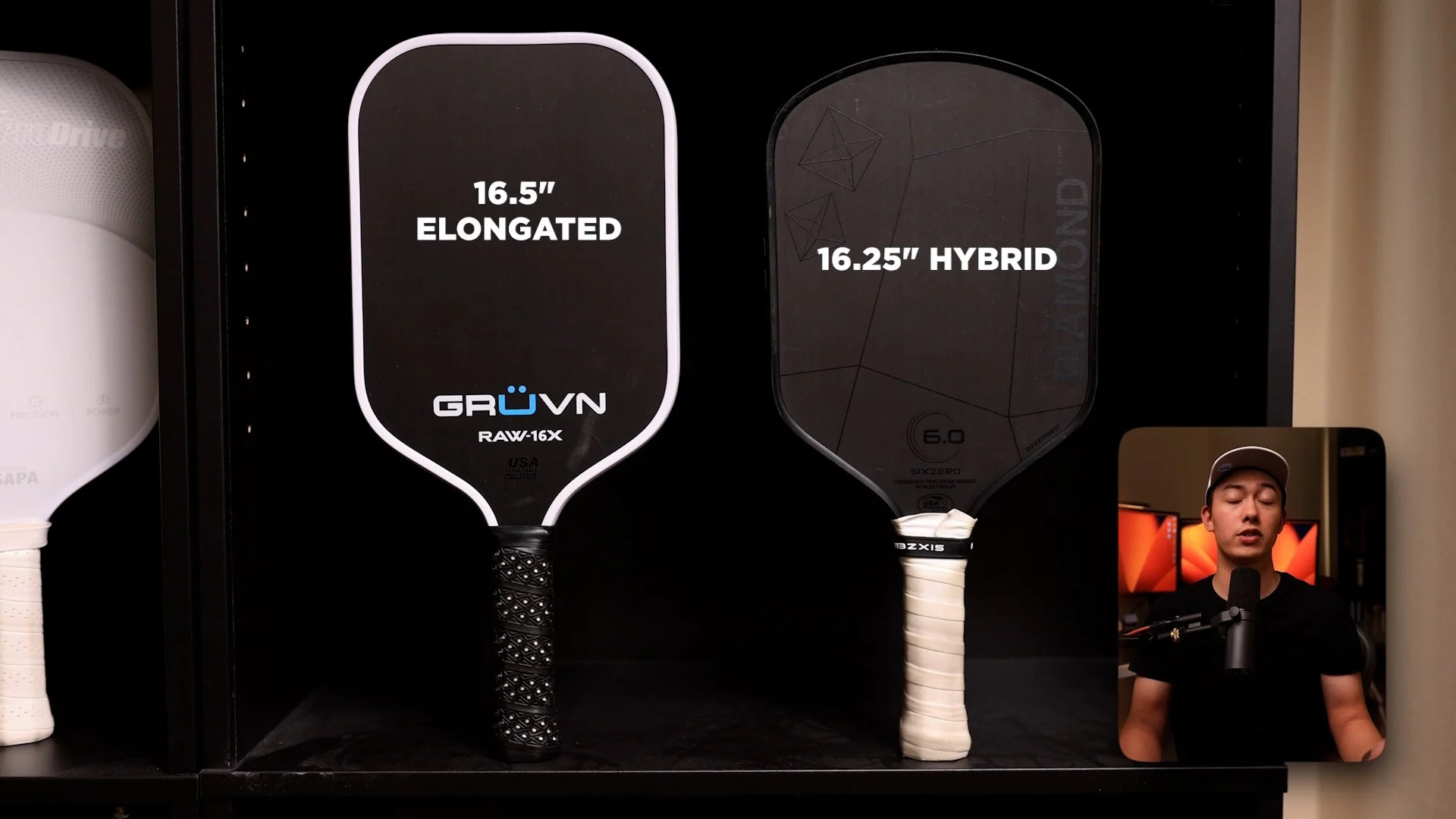 Shape comparison of GRUVN RAW-16X elongated 16.5-inch paddle versus Six Zero Double Black Diamond 16.25-inch hybrid shape
