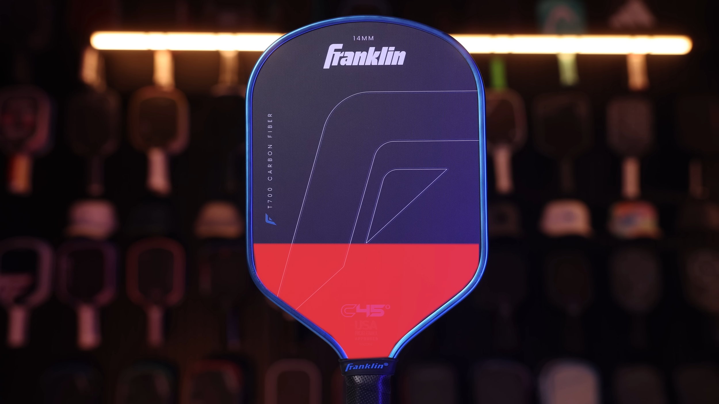 Franklin C45 14mm pickleball paddle front view showing purple and red two-tone design