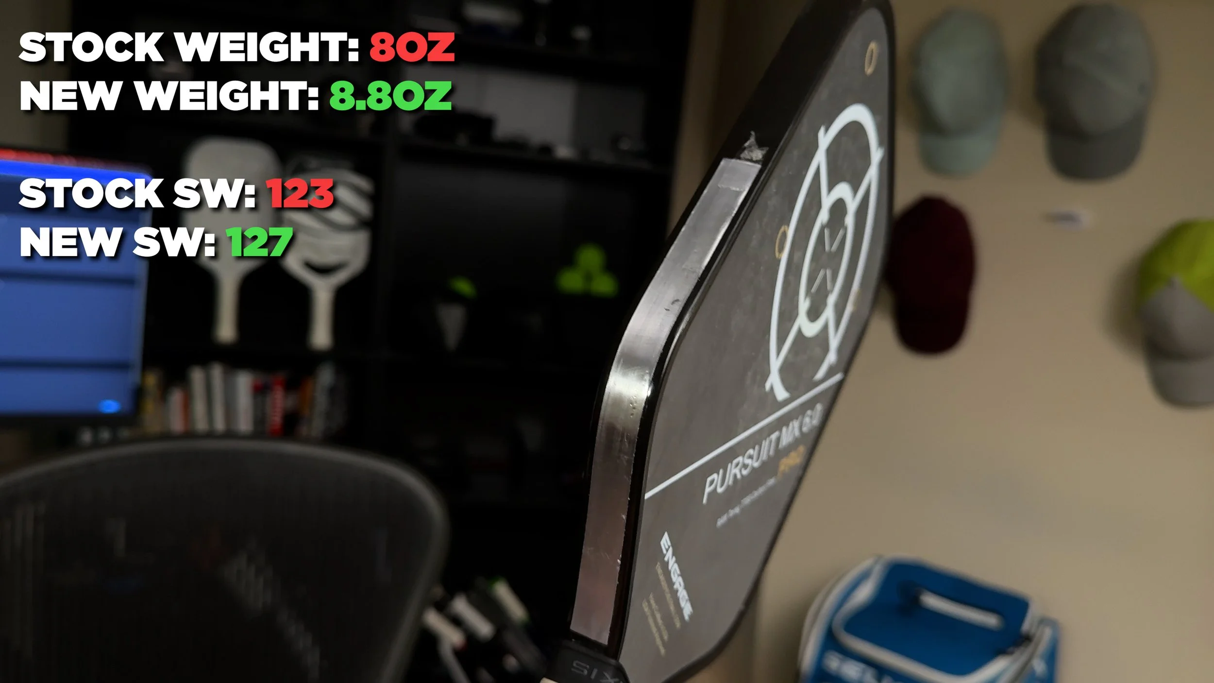 Engage Pursuit MX 6.0 Pro pickleball paddle with lead tape setup showing weight and swing weight changes