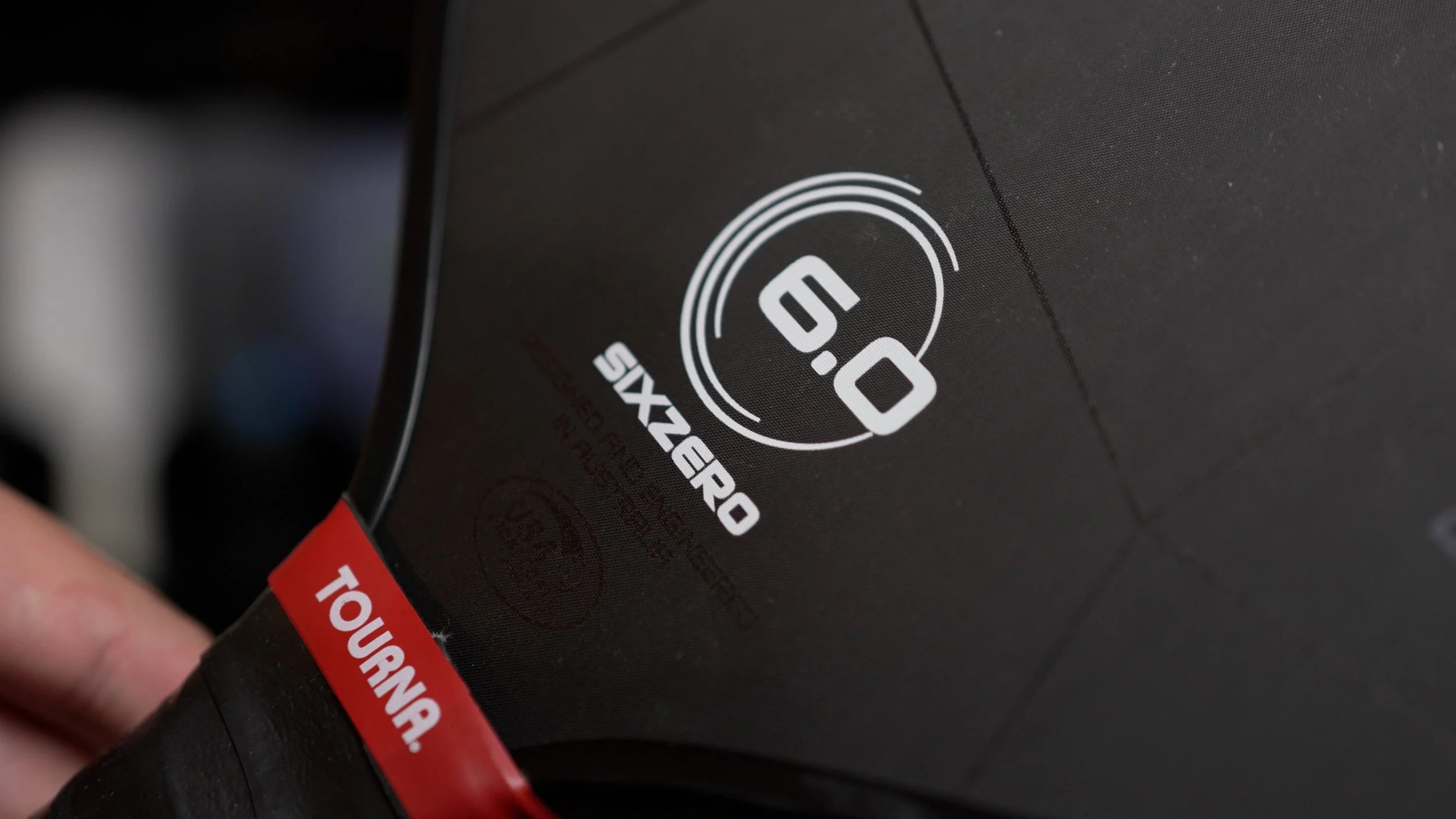 Six Zero 6.0 logo and Tourna grip on Double Black Diamond pickleball paddle with USA Pickleball approval