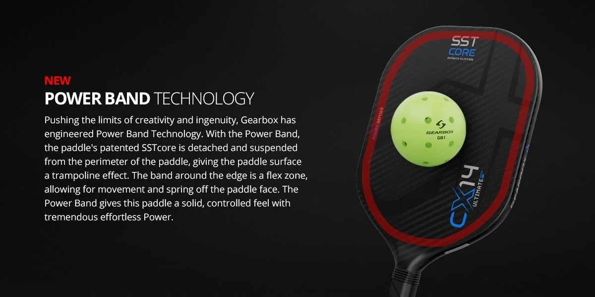 Gearbox Power Band technology marketing graphic showing the CX14 Ultimate paddle's suspended SST core design