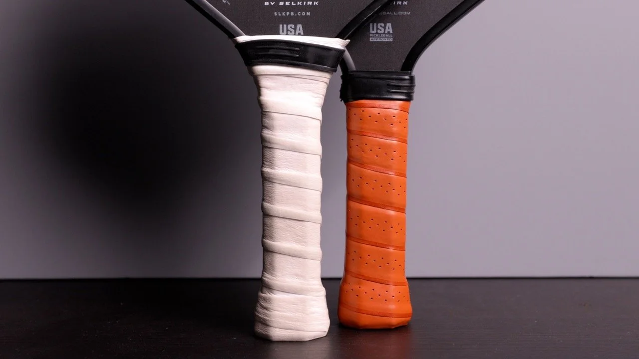 SLK Halo pickleball paddle handle comparison showing white overgrip versus stock orange grip side by side