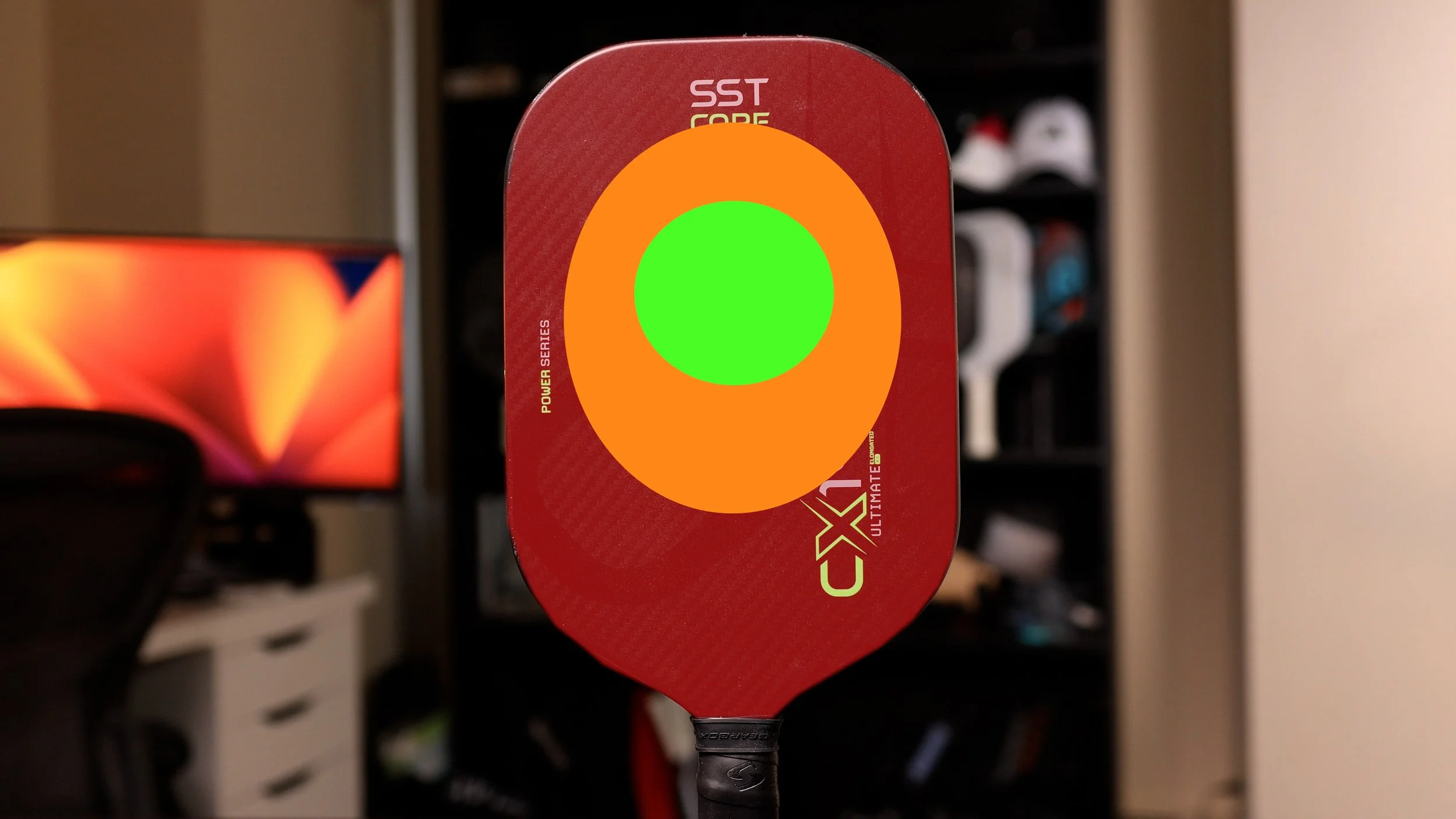 Gearbox CX14 Ultimate (elongated shape) pickleball paddle sweet spot heat map with green, orange, and red zones