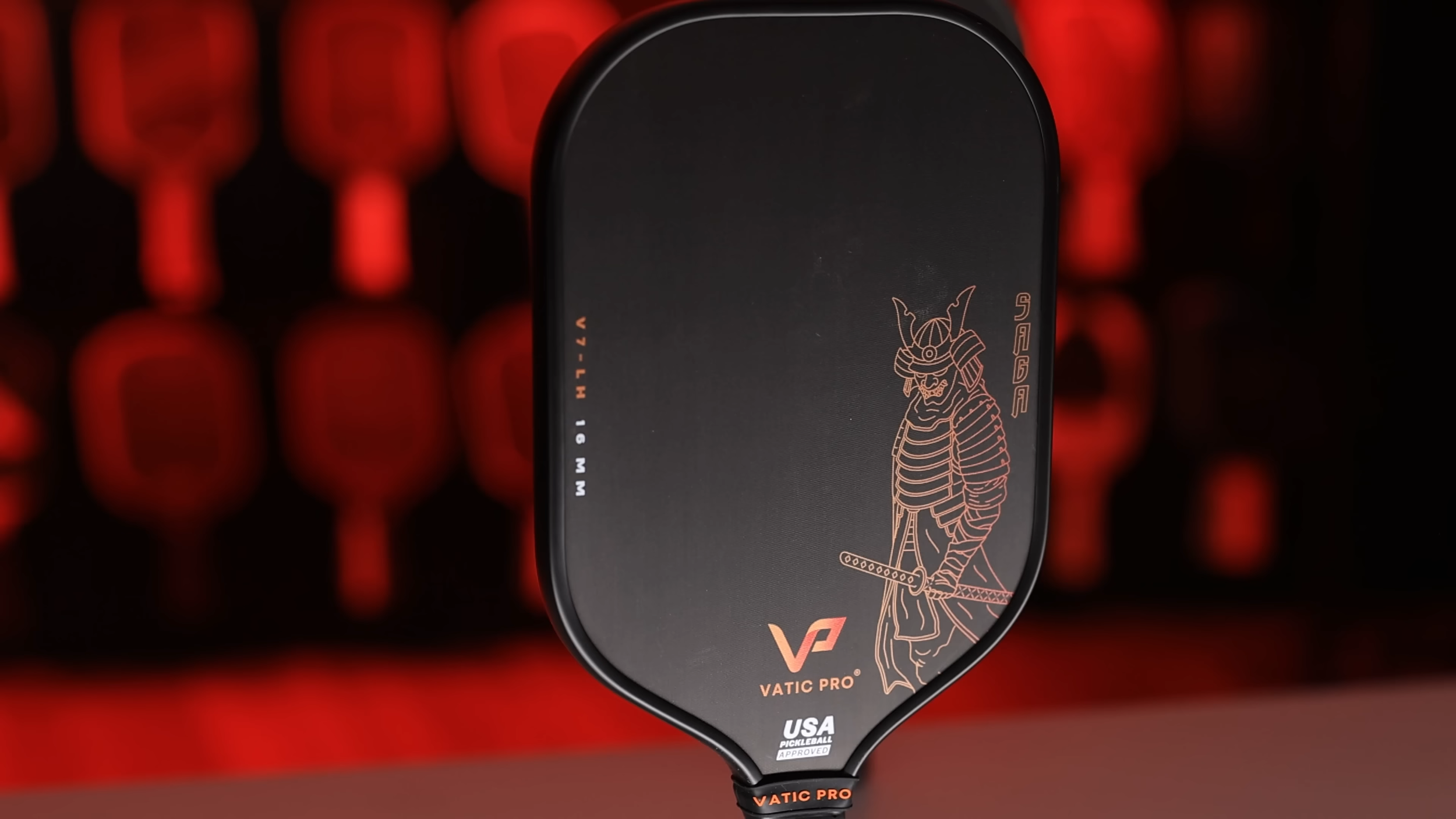 Vatic Pro Saga pickleball paddle with samurai artwork design on dark background