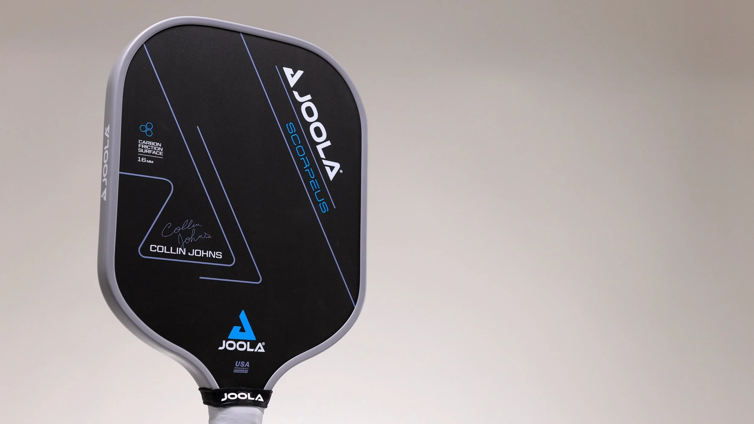 Joola Scorpeus Collin Johns pickleball paddle full view with blue accents and 14mm core