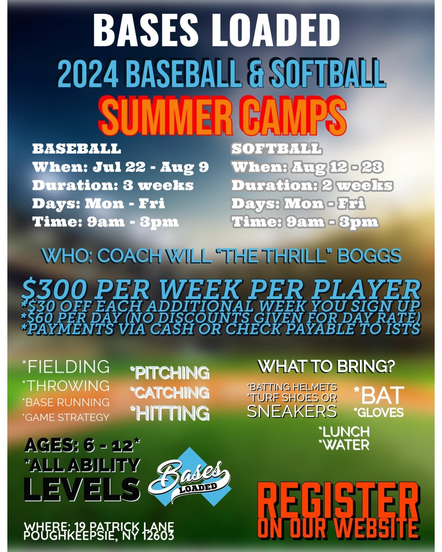 Summer Camp @ Bases Loaded.

Baseball: July 23 - August 9
Softball: August 12 - August 23

All Skill Levels: Ages 6 - 12