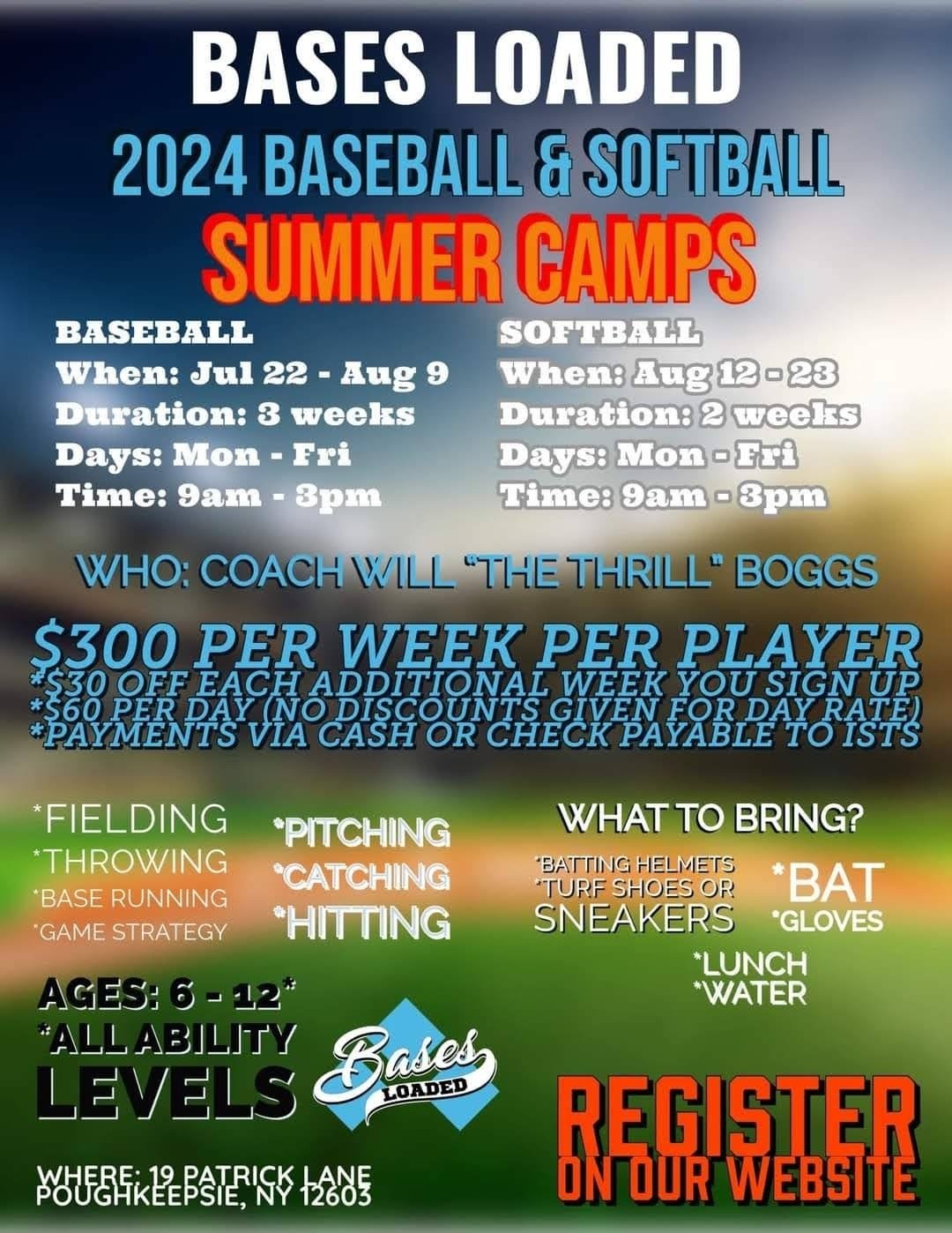 Step up to the plate this summer! ⚾🥎 Join our Baseball &amp; Softball Summer Camps to boost your skills from fielding to hitting! 🌟 Coach Will 'The Thrill' Boggs is ready to knock your potential out of the park! 🏟️ 

Got what it takes? Reserve you
