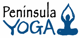 Logo for Peninsula Yoga with stylized blue human figure in a yoga pose