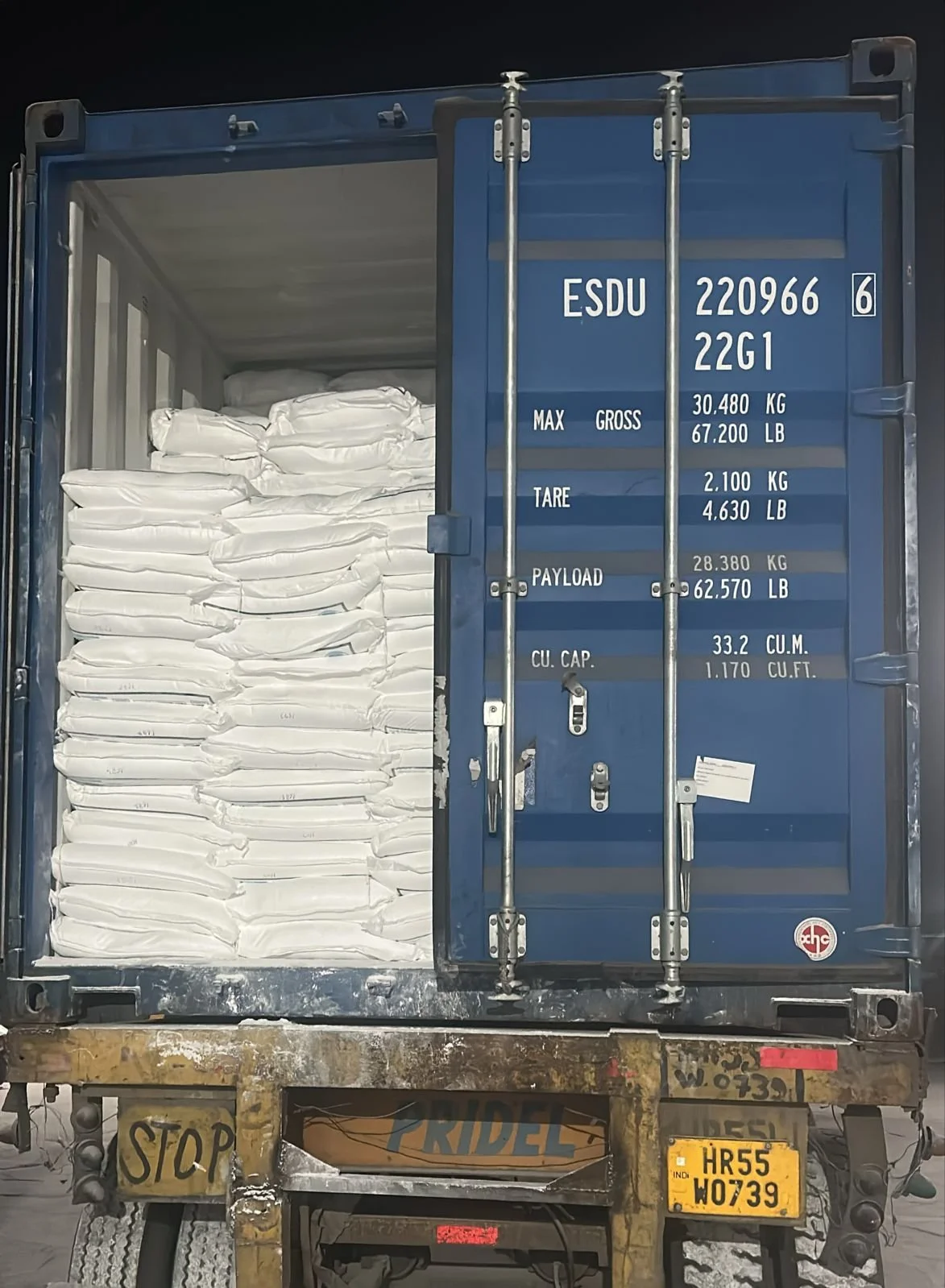Bagged micronised talc loaded inside a shipping container