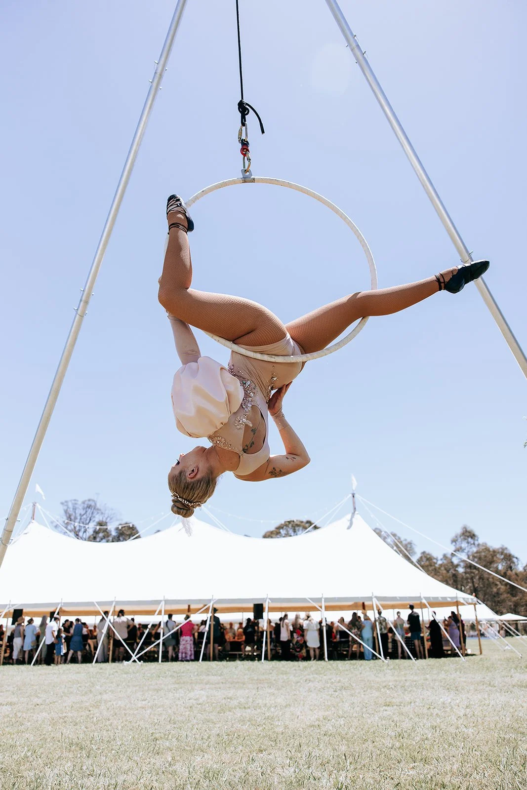 Acrobat performing aerial hoop act outdoors under a large tent