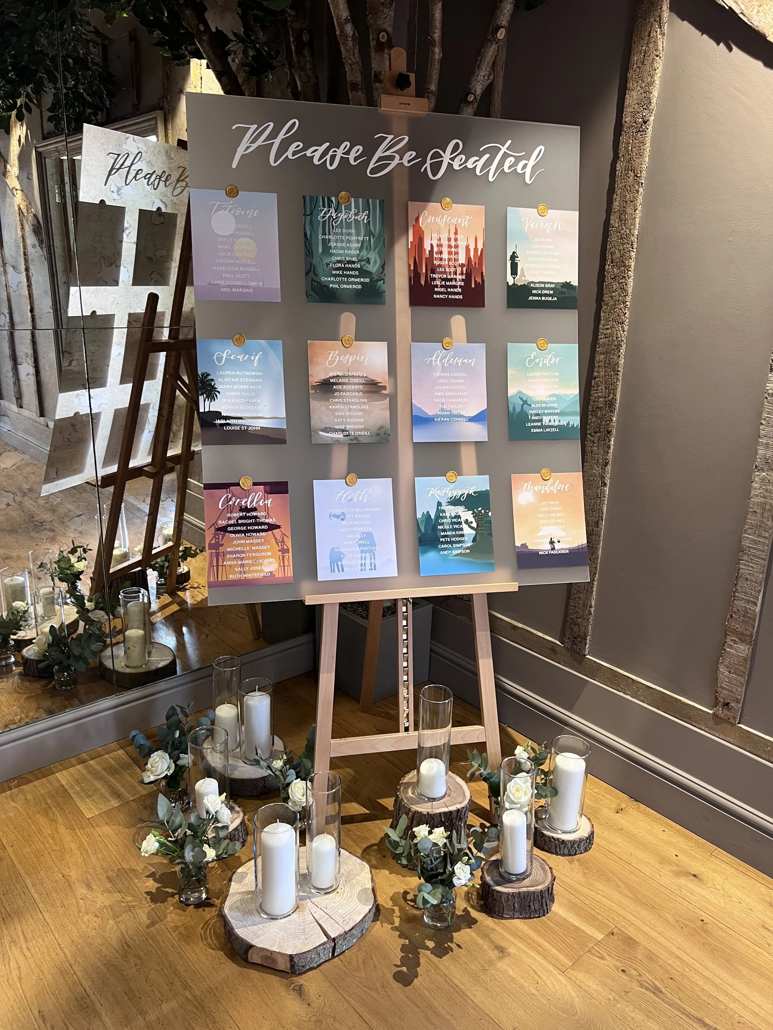 Bespoke Frosted Wedding Seating Plan, Please be Seated, with Star Wars Images and names