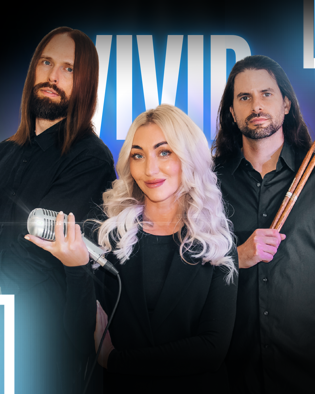 Three band members, two men and one woman, posing in front of a blue background with the word 'VIVID' partially visible. The woman holds a vintage microphone, and the men hold drumsticks and a microphone, all dressed in black.