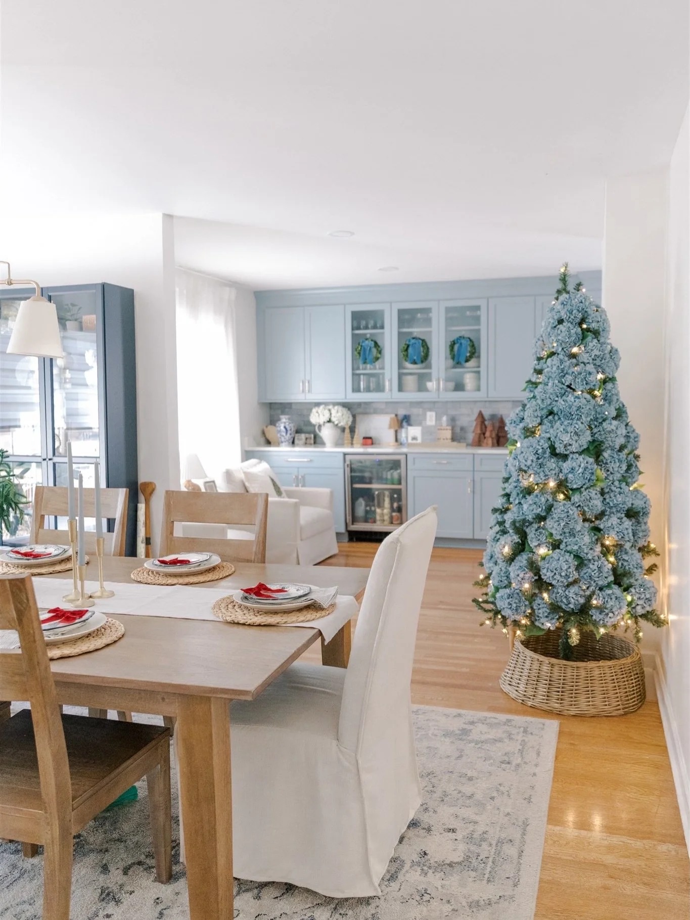 Bringing hints of New England to our home here in the South! We will always have a real Fraser fur Christmas tree, however, I really wanted to do something new this year and added a hydrangea Christmas tree, too! I am obsessed with it.😍. I&rsquo;m a