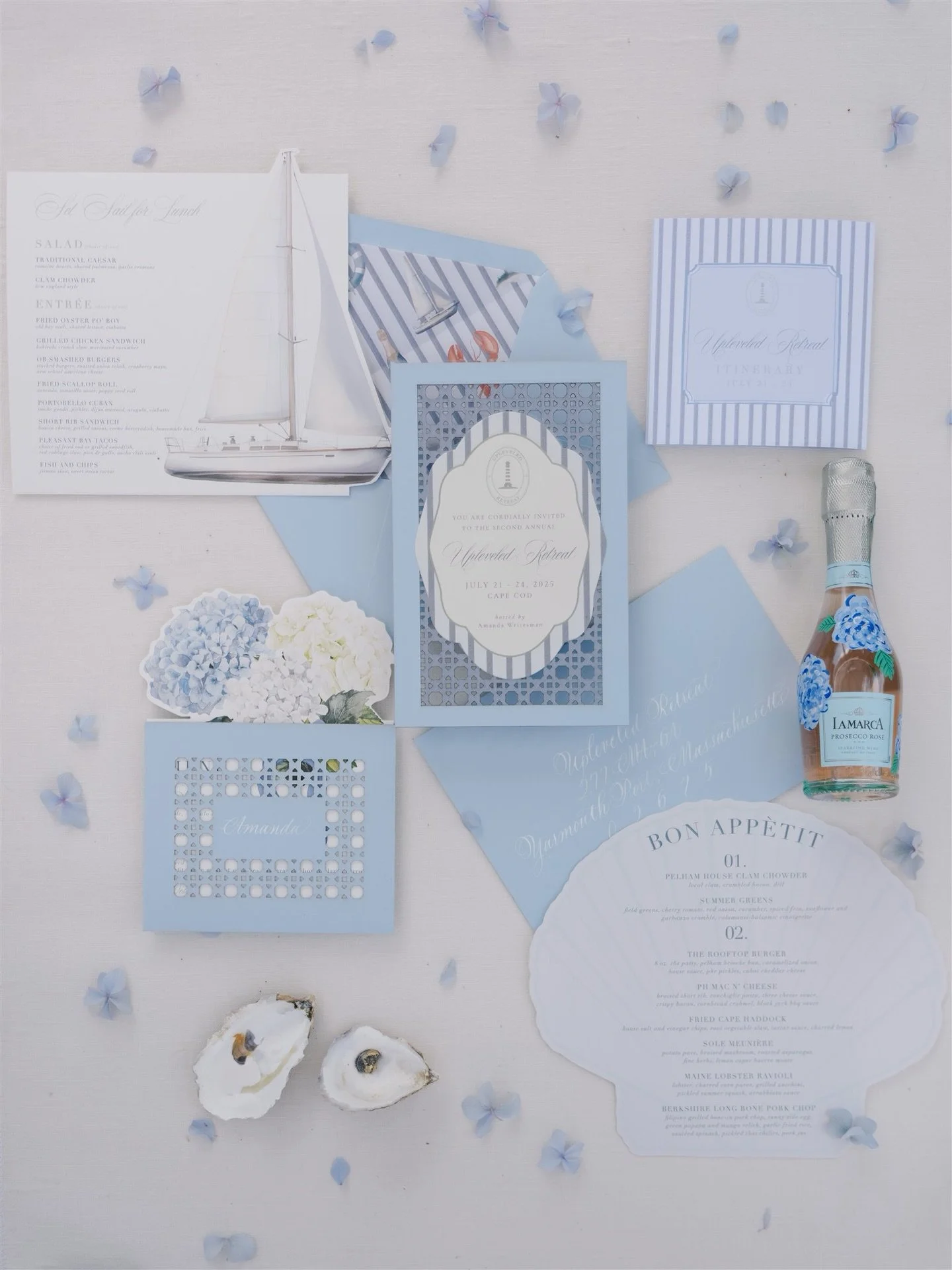It&rsquo;s all in the details, always. Personal touches special to a client&rsquo;s vision are what make any detail standout. Coastal, rattan inspired invitation suite, oyster shells for styling, and hand painted individual prosecco bottles for each 