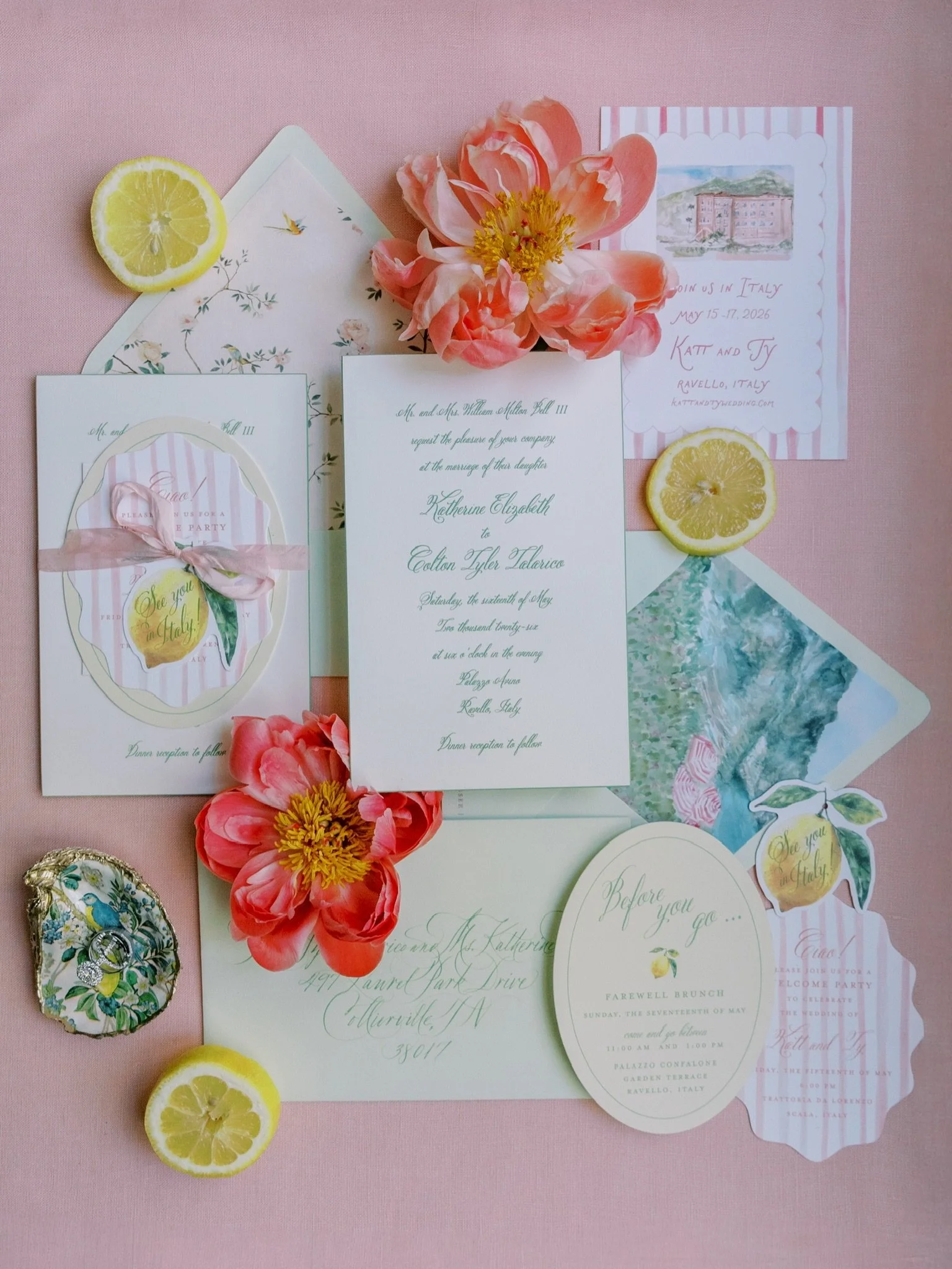 It&rsquo;s always in the details.

Katt and Ty&rsquo;s custom paper suites for their welcome party and wedding weekend were absolute perfection &mdash; colorful, playful, and thoughtfully designed to reflect the charm of the Amalfi Coast, from the le