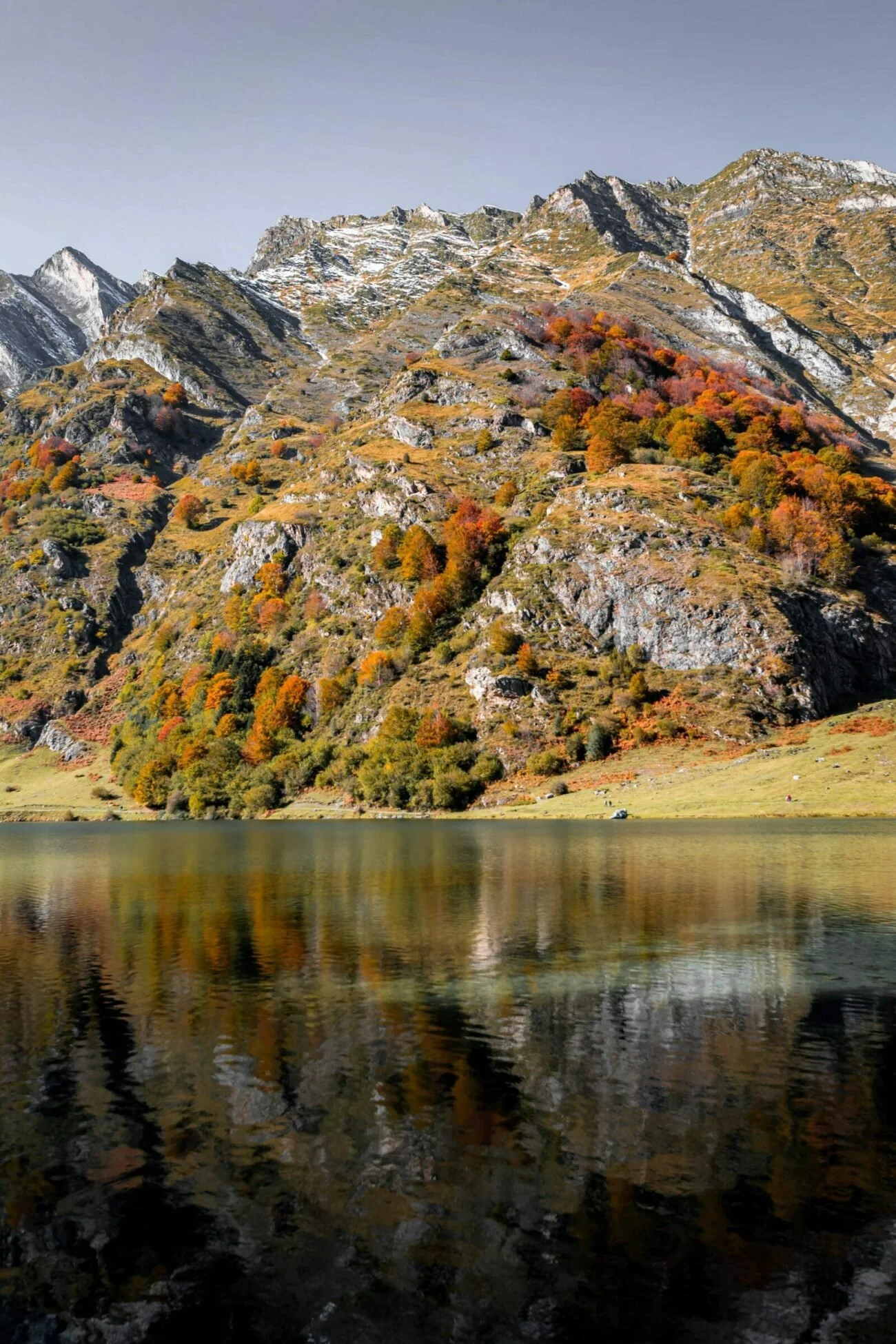Montagnes avec des sommets enneigés, arbres colorés d'automne, reflet dans un lac calme.