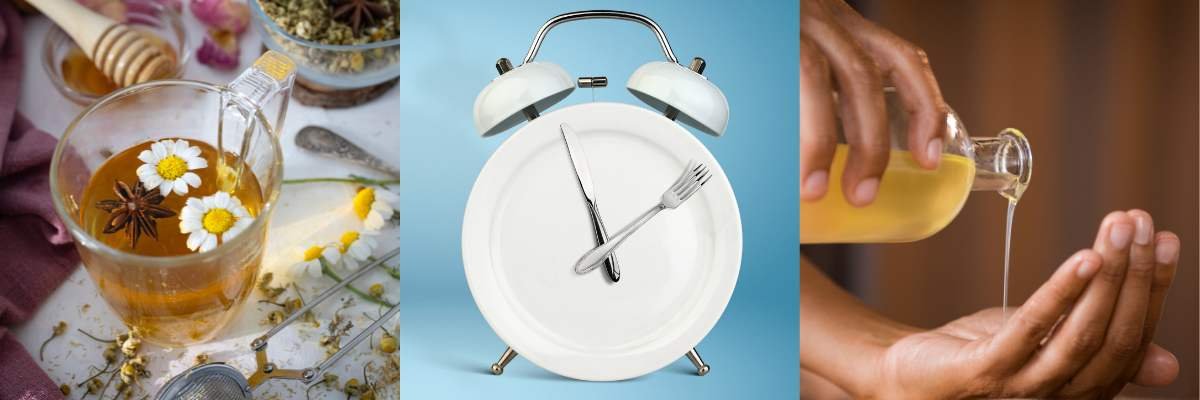 Trois images côte à côte : une infusion aux fleurs de camomille avec une cuillère, une horloge avec une fourchette et une cuillère posées dessus, et une personne versant du miel dans une main.
