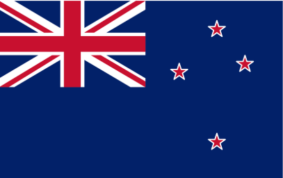 New Zealand flag with a blue background, Union Jack in the top left corner, and five red stars with white borders.