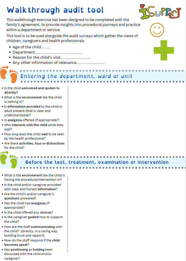 A colorful document titled 'Walkthrough audit tool' with sections and checklists for evaluating children's healthcare visits. Features include playful graphics such as footprints, a smiley face, and a green cross, emphasizing child and caregiver focus.