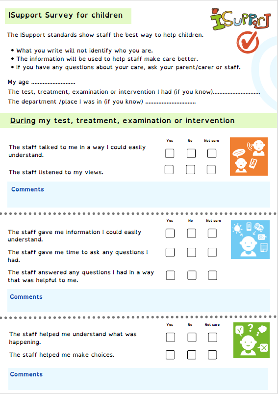 A form titled 'Support Survey for children' with sections for children to rate their experience with staff during tests, treatments, and examinations. It includes checkboxes for Yes, No, and Not sure, and features colorful icons of children and speech bubbles in orange, blue, and green.