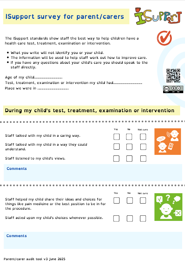 A survey form titled 'Support survey for parent/carers' with sections to evaluate staff interactions during child's testing, treatment, or examination, including checkboxes for responses and comments, and icons representing communication and positive feedback.