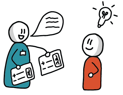 Two cartoon figures, one in a blue suit with a name badge and a speech bubble, appears to be explaining something to a person in a red shirt, with a lightbulb above the person's head indicating an idea.