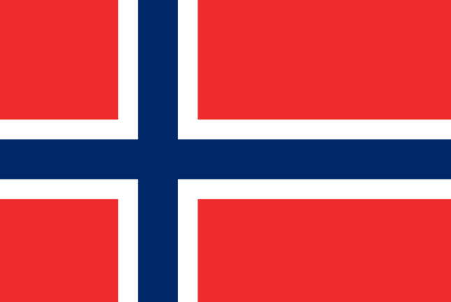 The flag of Norway with a red background, a blue cross outlined in white, and the cross extending to the edges of the flag.