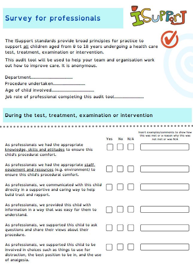 A colorful form titled 'Survey for professionals' for evaluating child care procedures, with sections to check yes, no, or N/A and space for comments, including the ISupport logo and a large checkmark icon.