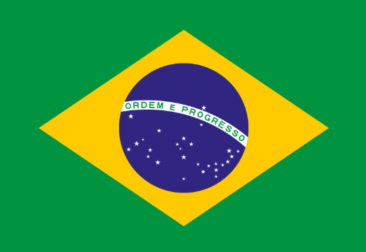 Brazilian flag with green background, large yellow diamond shape, blue circle with white banner inscribed 'ORDEM E PROGRESSO', and white stars.