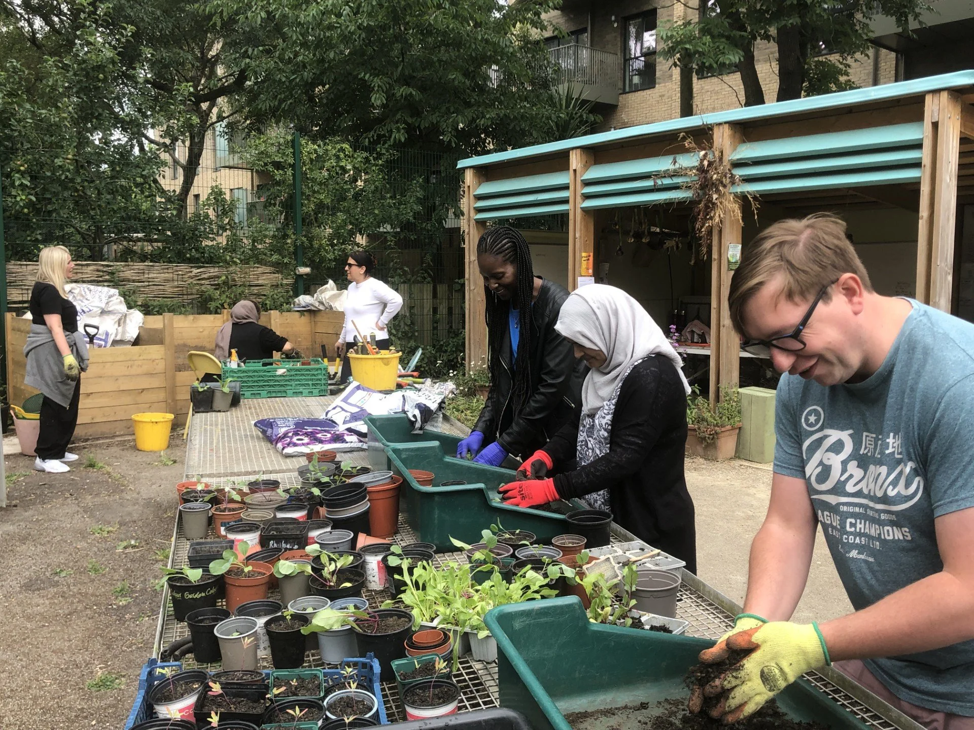 Group potting up plants at the Community Plant Nursery