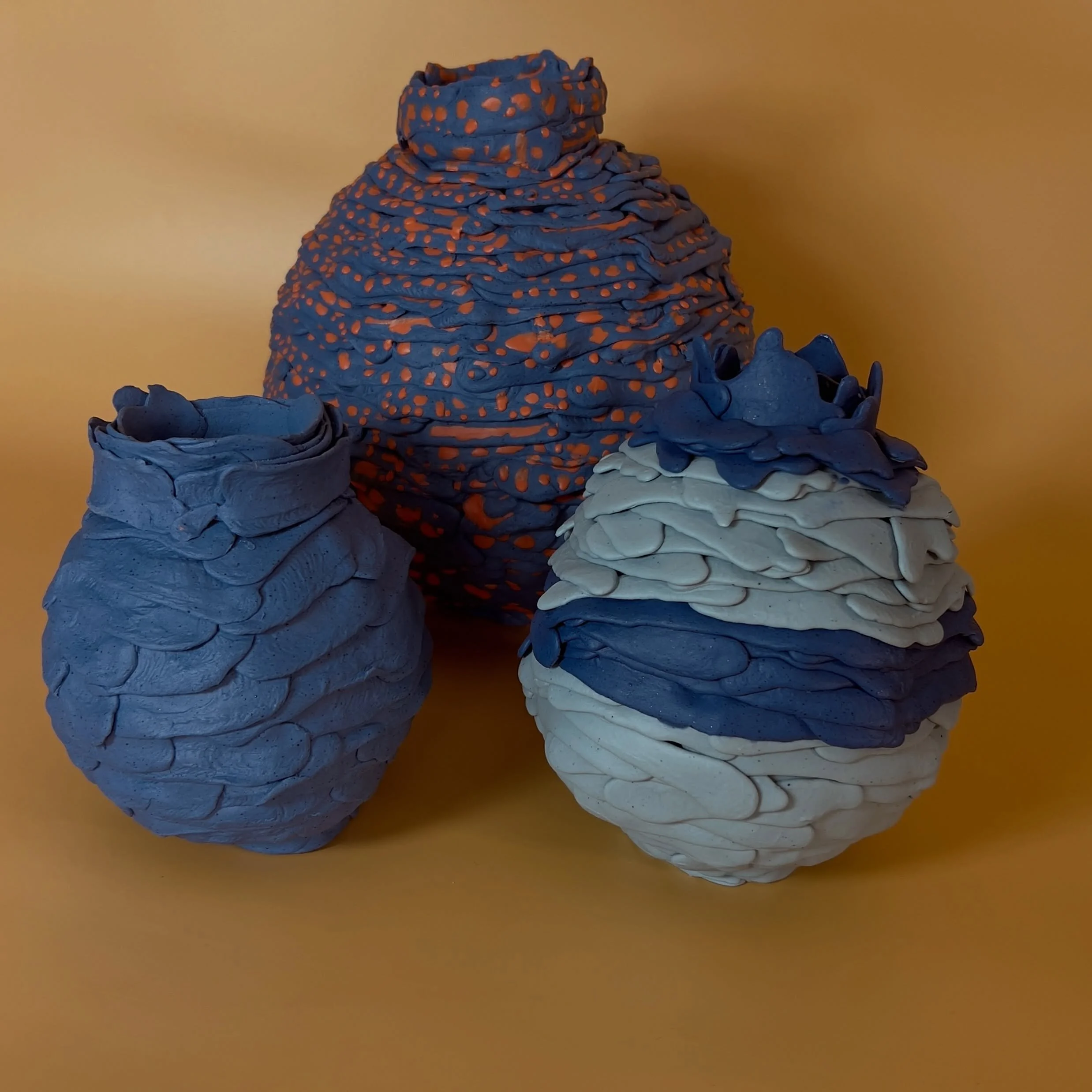 Three pieces from the studio this month, each testing a different surface treatment &mdash; pattern, texture, and color meeting on the same form.

🧡💙

#ceramicart #contemporaryceramics #handbuiltceramics #paperporcelain #porcelain