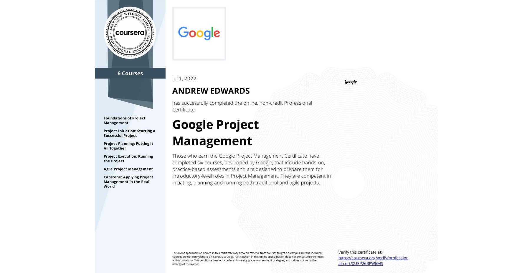 google project management certificate assignments