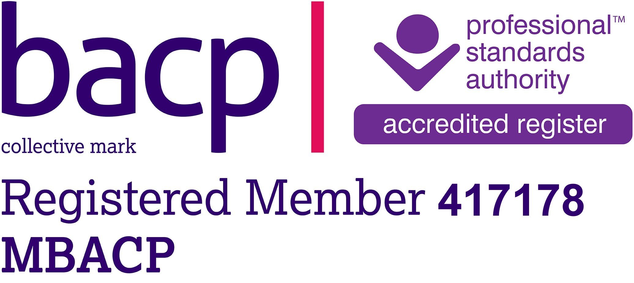 BACP collective mark logo with purple and pink text, indicating professional standards authority and accredited register. It also includes the registered member number 417178 and the abbreviation MBACP.