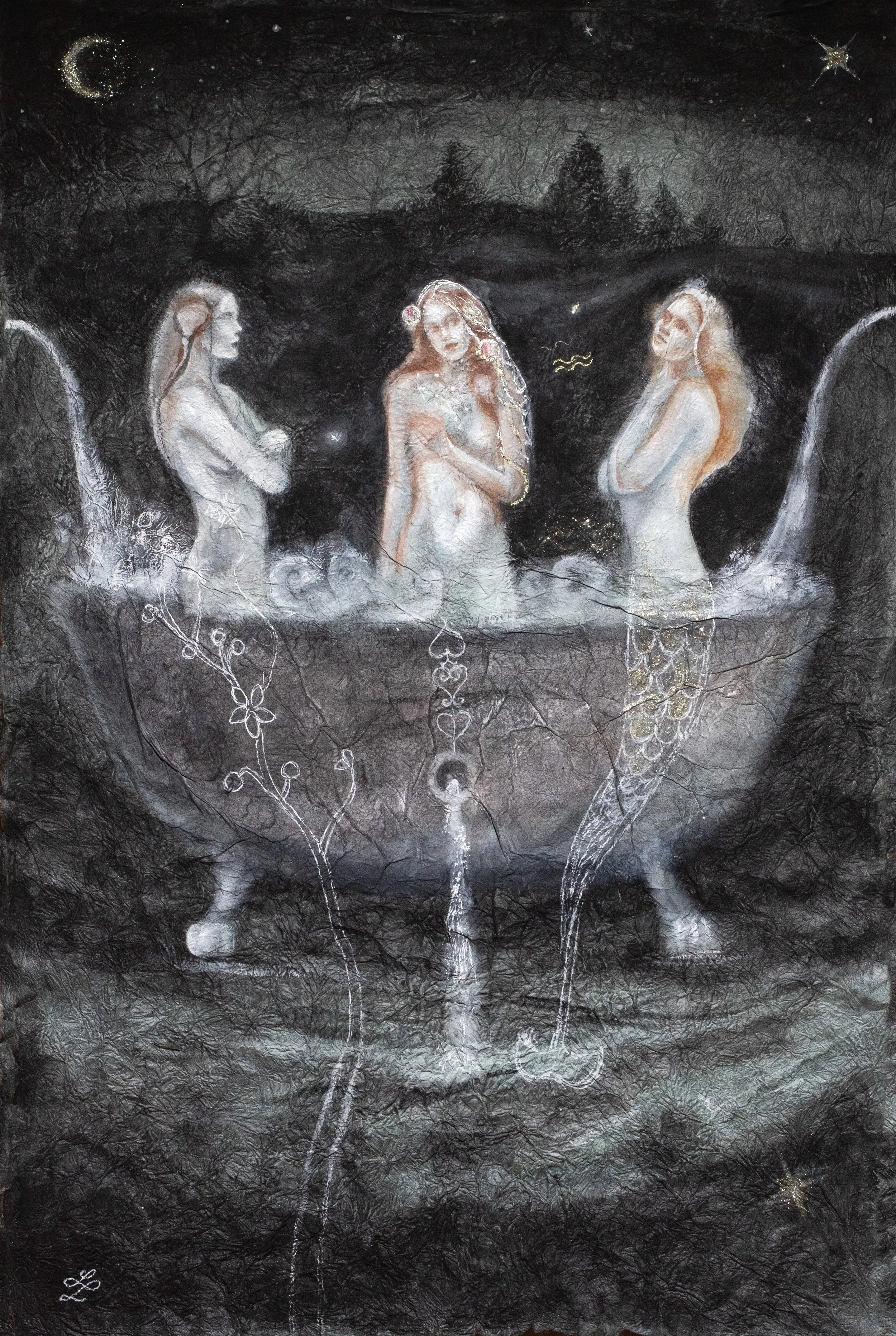 Three female figures bathing together beneath a night sky.