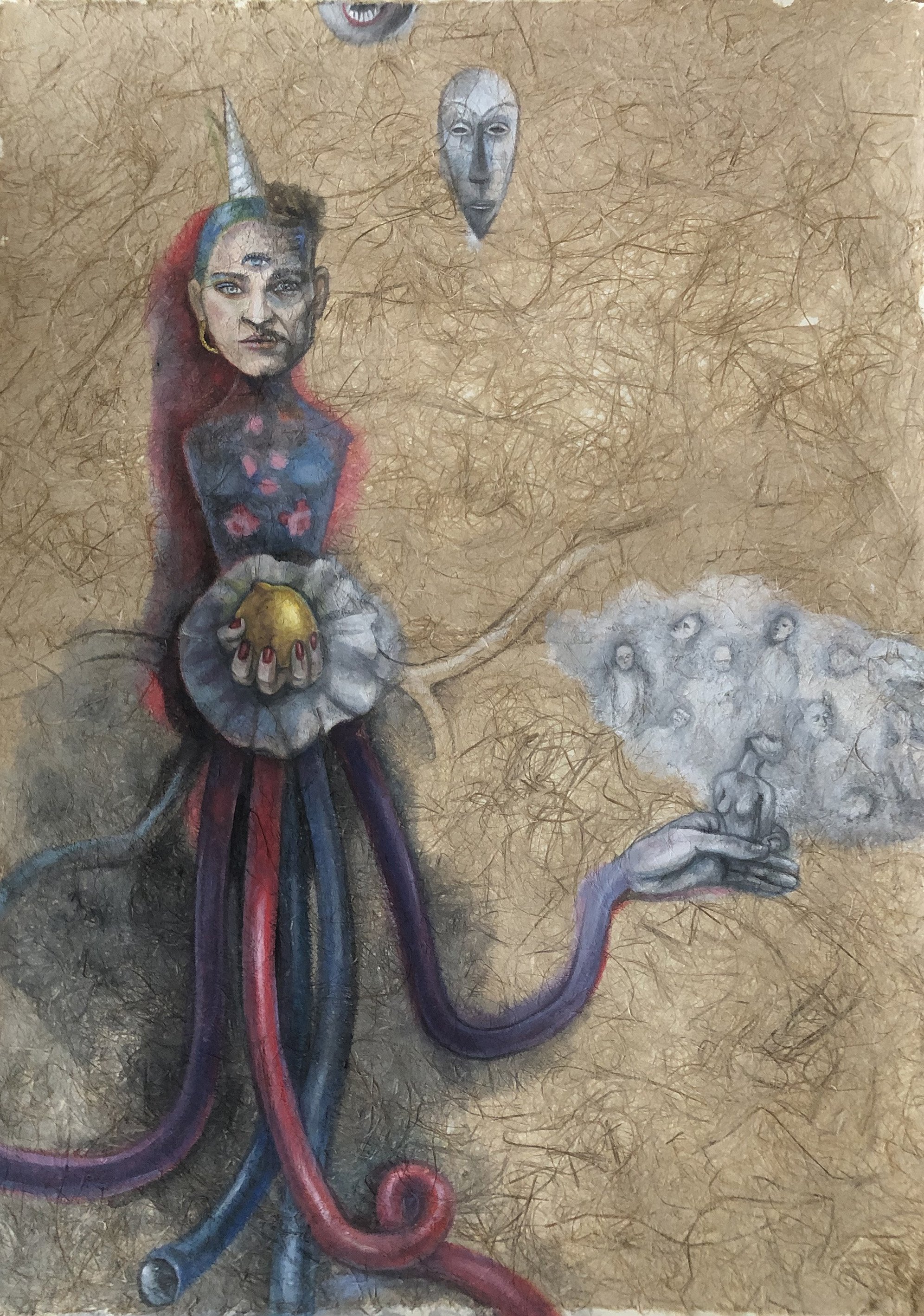 Painting depicting a devil-like figure surrounded by symbolic elements, created with layered textures and natural pigments on paper.