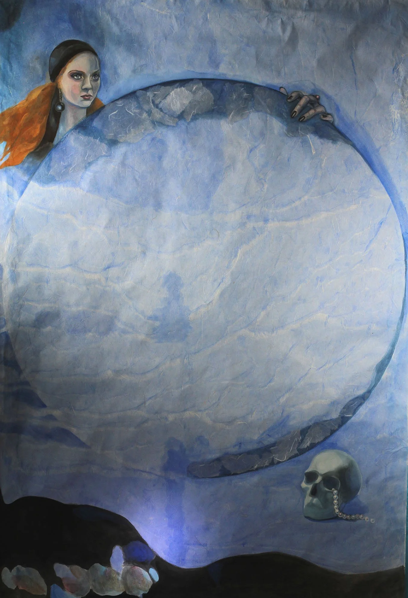 Female figure with a large crystal sphere occupying the center of the composition.